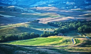Val d'Orcia, Toskana, İtalya'nın görünümü manzara. UNESCO Dünya Miras Listesi