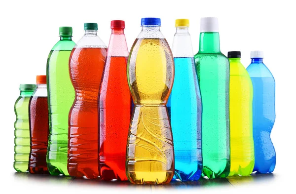 Plastic Bottles Assorted Carbonated Soft Drinks Variety Colors — Stock Photo, Image