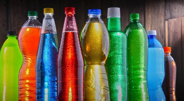 Plastic bottles of assorted carbonated soft drinks Stock Picture