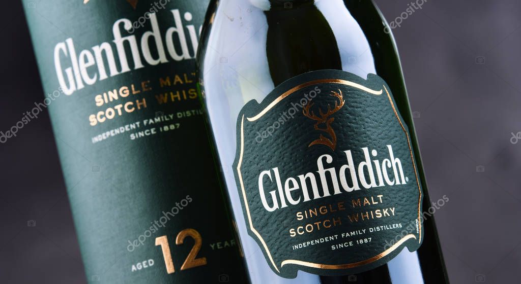 POZNAN, POL - MAY 3, 2018: Bottle of Glenfiddich, the world's best-selling single-malt whisky, owned and produced by William Grant and Sons in Dufftown, Scotland
