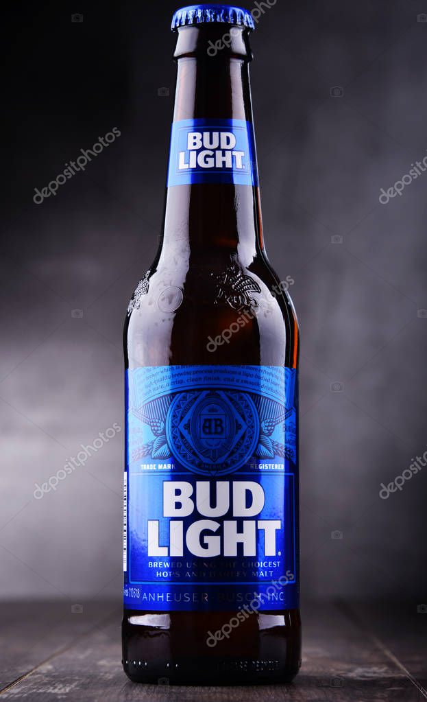POZNAN, POL - MAY 3, 2018: Bottle of Bud Light beer, an American light beer, produced by Anheuser-Busch, introduced in 1982.