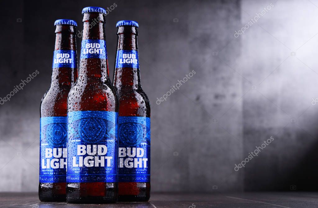 POZNAN, POL - MAY 3, 2018: Bottles of Bud Light beer, an American light beer, produced by Anheuser-Busch, introduced in 1982.