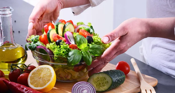 Preparação de uma salada vegetal de ingredientes orgânicos frescos — Fotografia de Stock