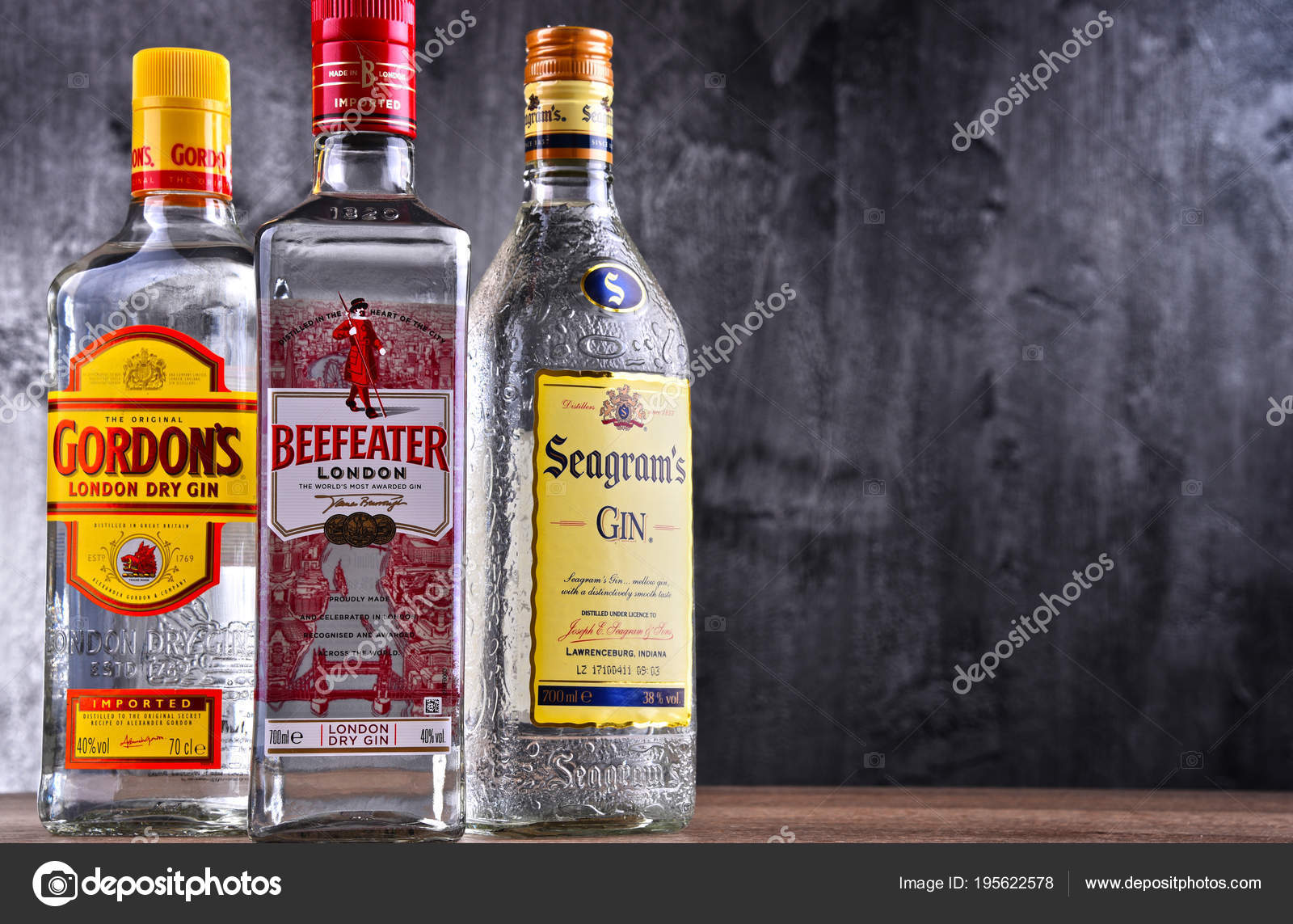 Bottles of popular gin brands Stock Editorial Photo © monticello