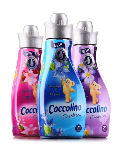 Bottles of liquid Coccolino fabric softener — Stock Photo, Image