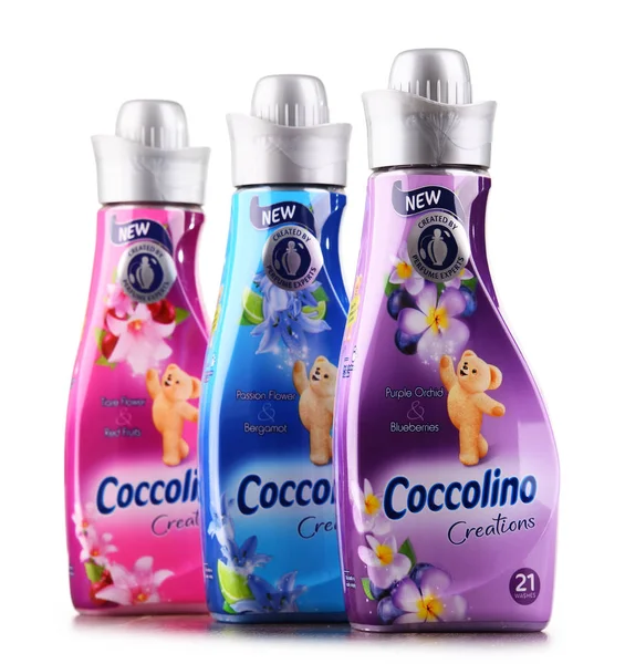 Bottles of liquid Coccolino fabric softener — Stock Photo, Image