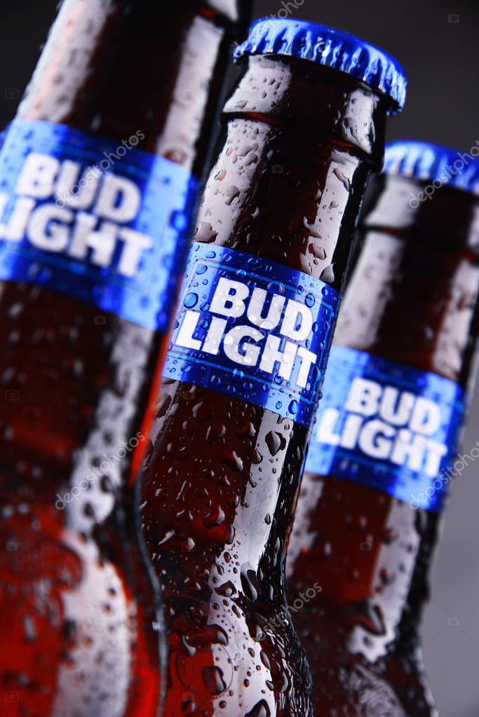 POZNAN, POL - MAY 3, 2018: Bottles of Bud Light beer, an American light beer, produced by Anheuser-Busch, introduced in 1982.