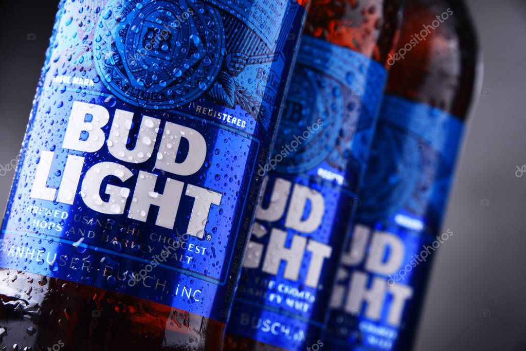 POZNAN, POL - MAY 3, 2018: Bottles of Bud Light beer, an American light beer, produced by Anheuser-Busch, introduced in 1982.
