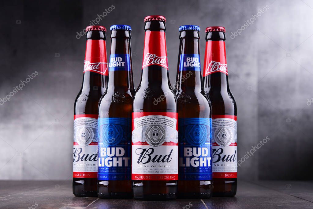 POZNAN, POL - MAY 3, 2018: Bottles of Bud and Bud Light, popular American beers, produced by Anheuser-Busch.