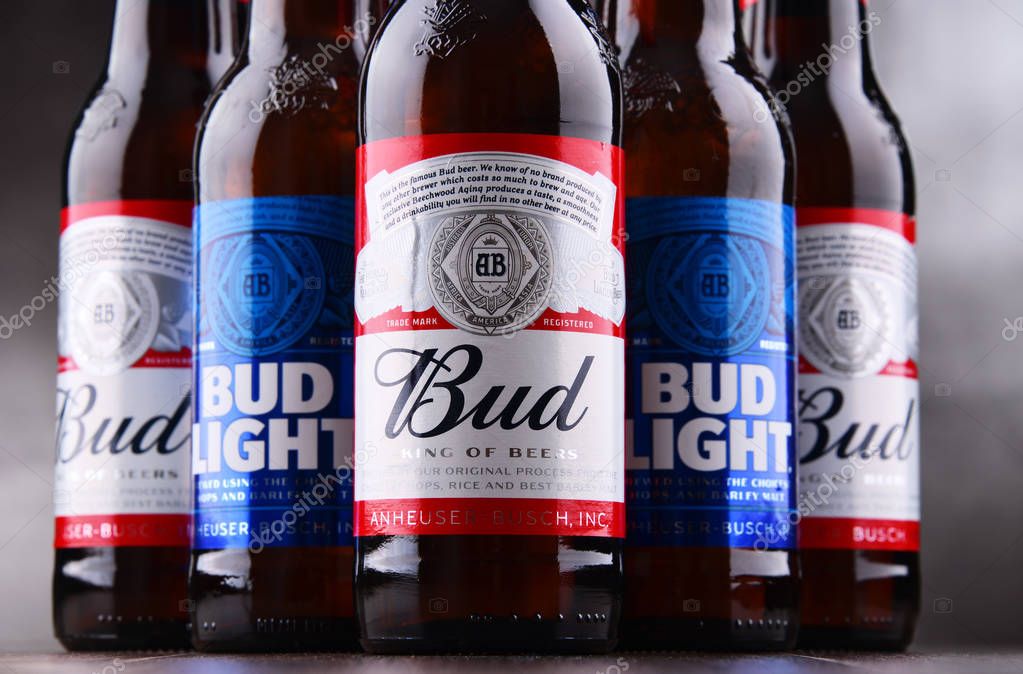 POZNAN, POL - MAY 3, 2018: Bottles of Bud and Bud Light, popular American beers, produced by Anheuser-Busch.
