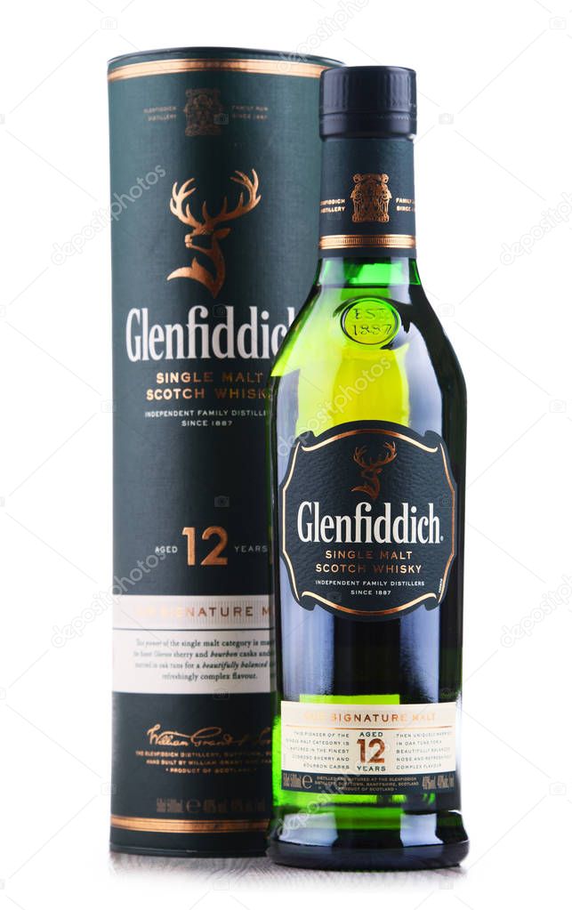 POZNAN, POL - MAY 3, 2018: Bottle of Glenfiddich, the world's best-selling single-malt whisky, owned and produced by William Grant and Sons in Dufftown, Scotland
