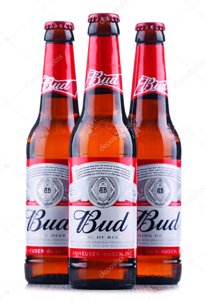 POZNAN, POL - MAY 3, 2018: Bottles of Bud beer, an American-style pale lager produced by Anheuser-Busch, introduced in St. Louis, Missouri in 1876.