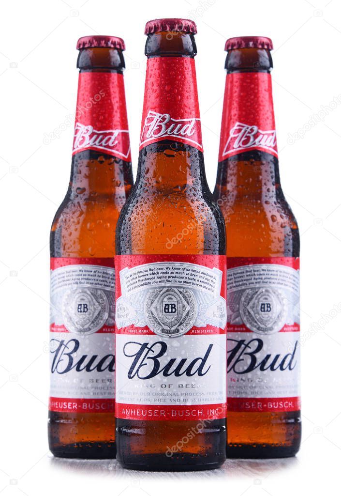 POZNAN, POL - MAY 3, 2018: Bottles of Bud beer, an American-style pale lager produced by Anheuser-Busch, introduced in St. Louis, Missouri in 1876.