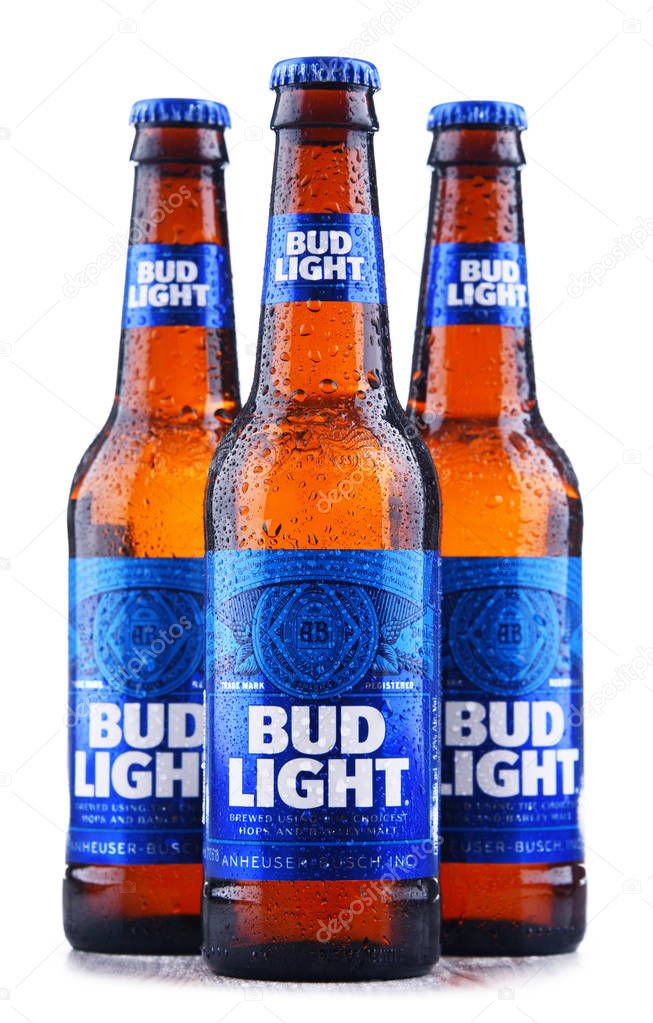 POZNAN, POL - MAY 3, 2018: Bottles of Bud Light beer, an American light beer, produced by Anheuser-Busch, introduced in 1982.