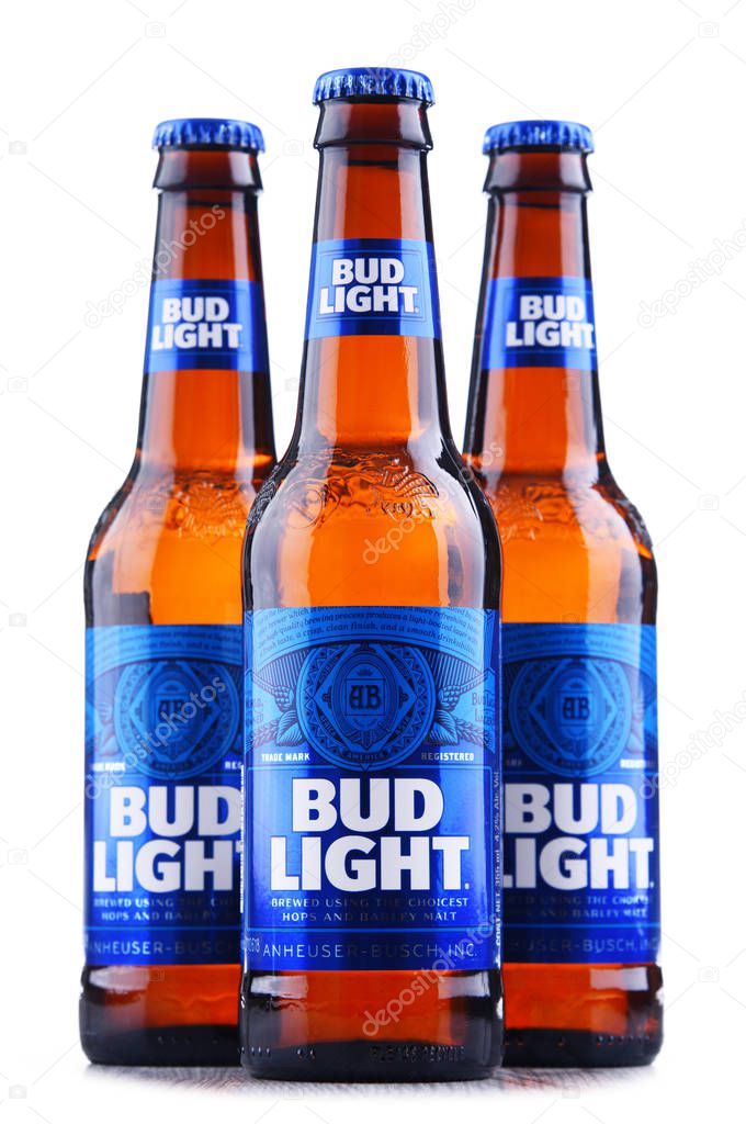 POZNAN, POL - MAY 3, 2018: Bottles of Bud Light beer, an American light beer, produced by Anheuser-Busch, introduced in 1982.
