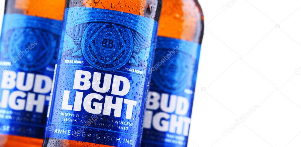 POZNAN, POL - MAY 3, 2018: Bottles of Bud Light beer, an American light beer, produced by Anheuser-Busch, introduced in 1982.