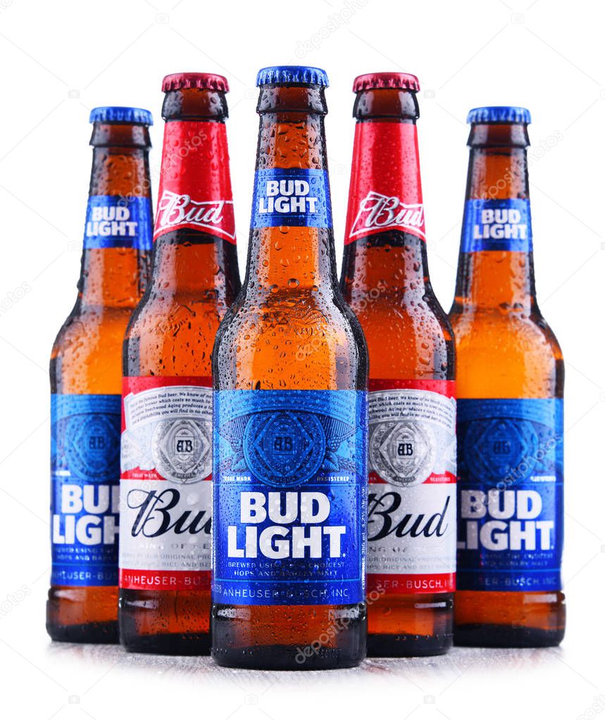POZNAN, POL - MAY 3, 2018: Bottles of Bud and Bud Light, popular American beers, produced by Anheuser-Busch.