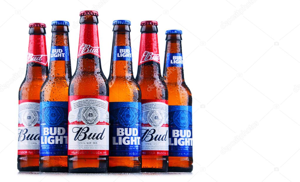 POZNAN, POL - MAY 3, 2018: Bottles of Bud and Bud Light, popular American beers, produced by Anheuser-Busch.