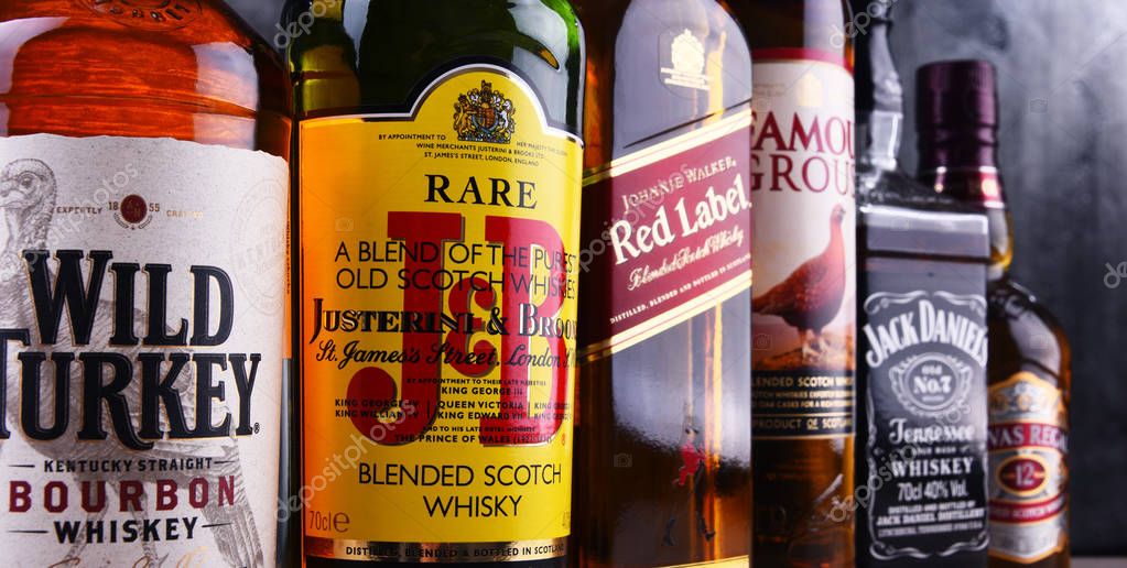 POZNAN, POLAND - MAR 30, 2018: Bottles of several global whiskey brands, the most popular liquor in the world.