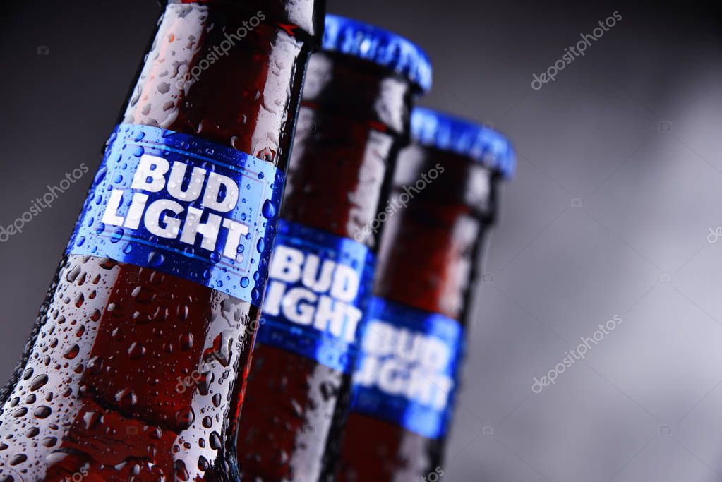 POZNAN, POL - MAY 3, 2018: Bottles of Bud Light beer, an American light beer, produced by Anheuser-Busch, introduced in 1982.