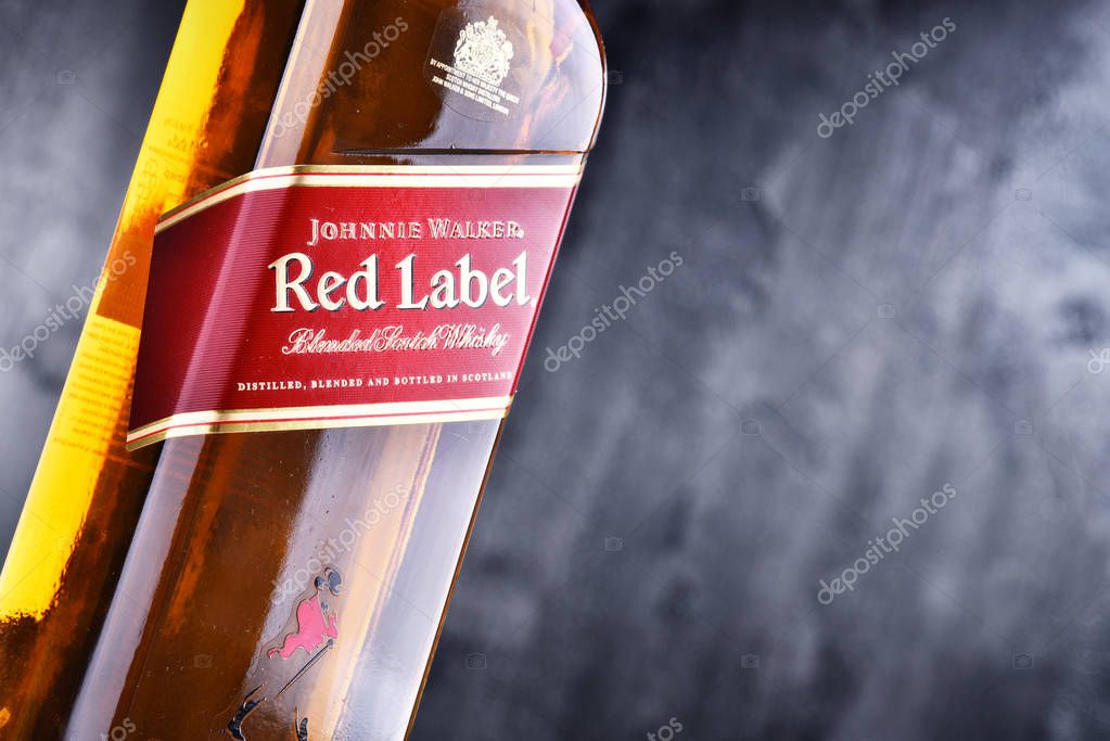 POZNAN, POL - MAR 30, 2018: Bottle of Johnnie Walker, the most widely distributed brand of blended Scotch whisky in the world with sales of over 130 million bottles a year.