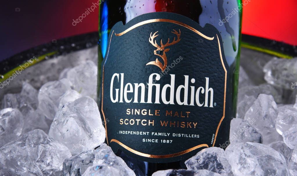POZNAN, POL - OCT 31, 2019: Bottle of Glenfiddich, the world's best-selling single-malt whisky, owned and produced by William Grant and Sons in Dufftown, Scotland
