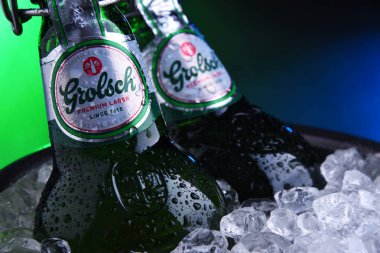 Şişeler dolusu Grolsch birası ve ezilmiş buz.