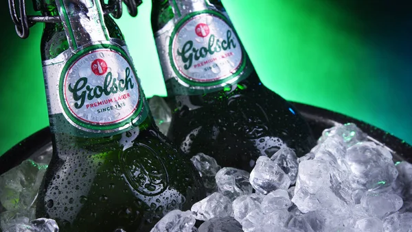 Bottles of Grolsch beer in bucket with crushed ice — Stock Photo, Image