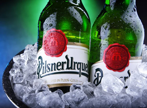 Butelki piwa Pilsner Urquell w wiadrze z kruszonym lodem — Zdjęcie stockowe