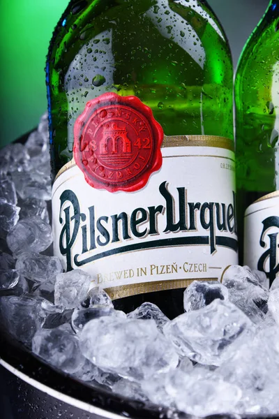 Bouteilles de bière Pilsner Urquell dans un seau avec glace concassée — Photo