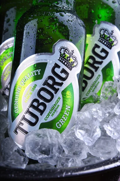 Bottles of Tuborg Beer in bucket with crushed ice — Stock Photo, Image