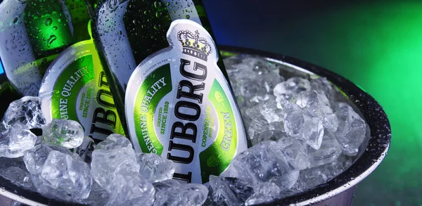Bottles of Tuborg Beer in bucket with crushed ice — Stock Photo, Image