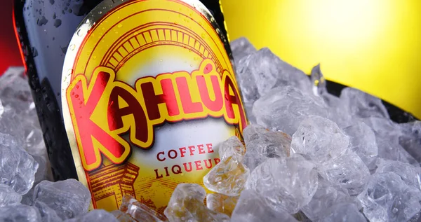 Garrafa de licor de Kahlua em balde com gelo picado — Fotografia de Stock