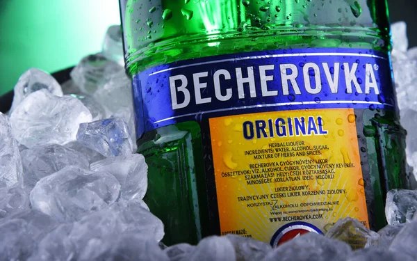 Botella de amargos Becherovka en cubo con hielo picado — Foto de Stock