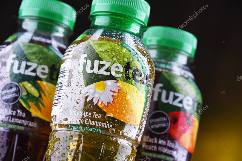 POZNAN, POL - OCT 23, 2019: Plastic bottles of Fuze Ice Tea, a soft drink brand sold by Fuze Beverage belonging to The Coca-Cola Company