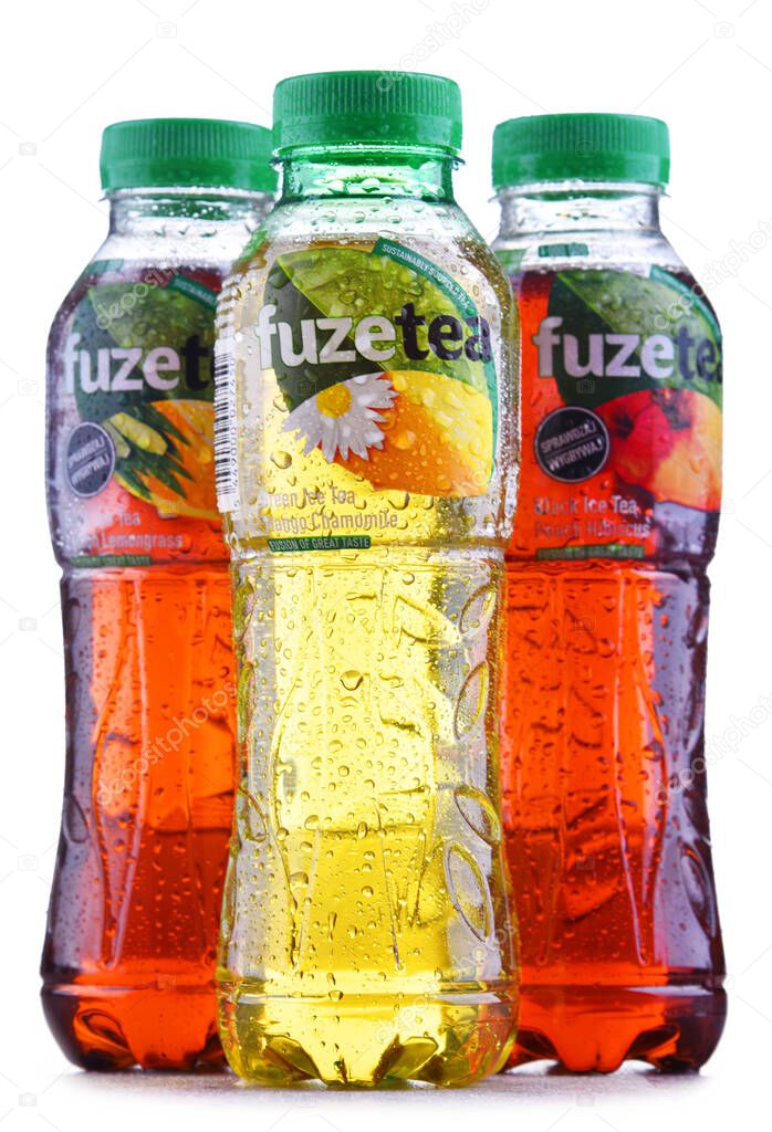 POZNAN, POL - OCT 23, 2019: Plastic bottles of Fuze Ice Tea, a soft drink brand sold by Fuze Beverage belonging to The Coca-Cola Company