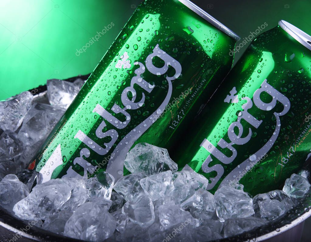 POZNAN, POL - NOV 8, 2019: Cans of Carlsberg pale lager beer produced by Carlsberg Group, a Danish brewing company founded in 1847 with headquarters located in Copenhagen, Denmark