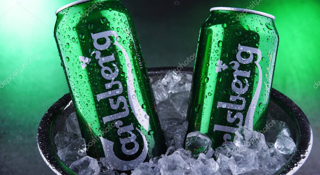 POZNAN, POL - NOV 8, 2019: Cans of Carlsberg pale lager beer produced by Carlsberg Group, a Danish brewing company founded in 1847 with headquarters located in Copenhagen, Denmark