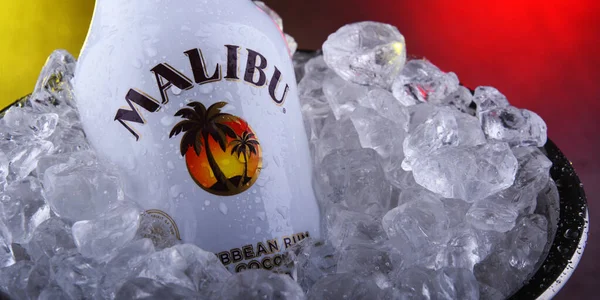 Botella de Ron Caribe Malibú en cubo con hielo —  Fotos de Stock