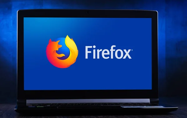 Laptop computer displaying logo of Firefox — Stock Photo, Image