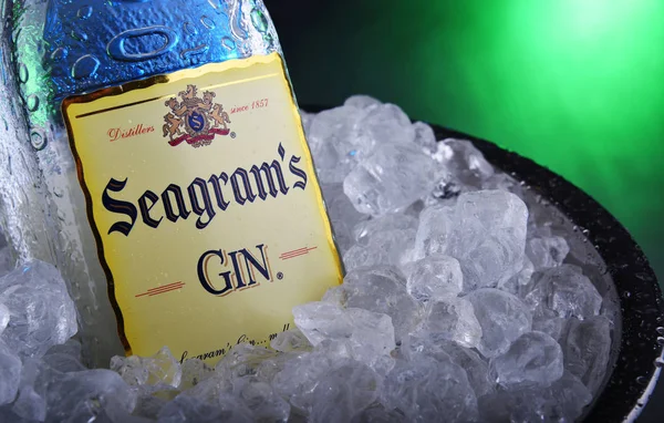 Bouteille de Seagrams Gin dans un seau avec glace concassée — Photo