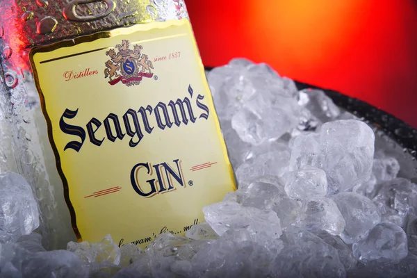 Bouteille de Seagrams Gin dans un seau avec glace concassée — Photo