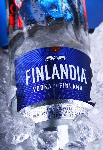 Egy üveg finnországi vodka vödörben törött jéggel. — Stock Fotó