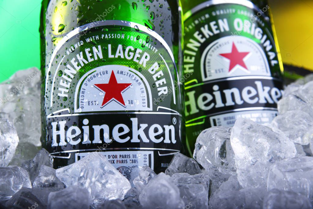 POZNAN, POL - NOV 22, 2019: Bottles of Heineken Lager Beer, the flagship product of Heineken International which owns over 125 breweries in more than 70 countries