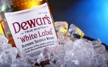 Bir şişe Dewars karışık viskiyi kovada buzla karıştırdı.