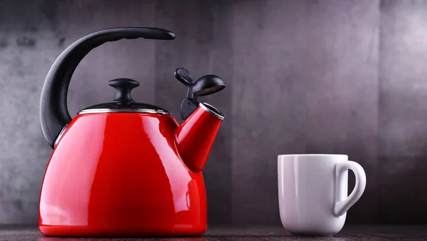 Traditional stainless steel stovetop kettle with whistle — Stock Photo, Image