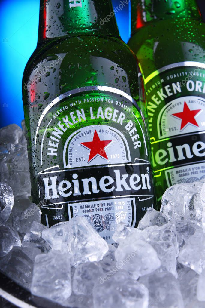 POZNAN, POL - NOV 22, 2019: Bottles of Heineken Lager Beer, the flagship product of Heineken International which owns over 125 breweries in more than 70 countries