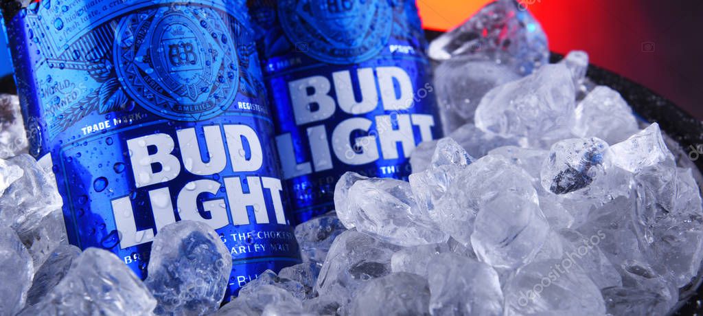 POZNAN, POL - NOV 22, 2019: Bottles of Bud Light beer, an American light beer, produced by Anheuser-Busch, introduced in 1982.