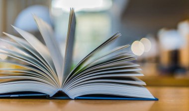 Kütüphanede masada yalan Defteri'ni açar