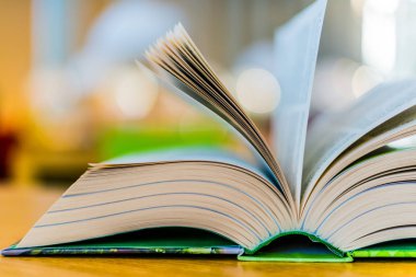 Kütüphanede masada yalan Defteri'ni açar